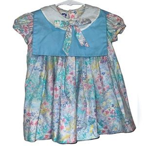 Vintage Monday’s Child Square Bib Blue Pastel Floral Dress 3T Short Sleeve